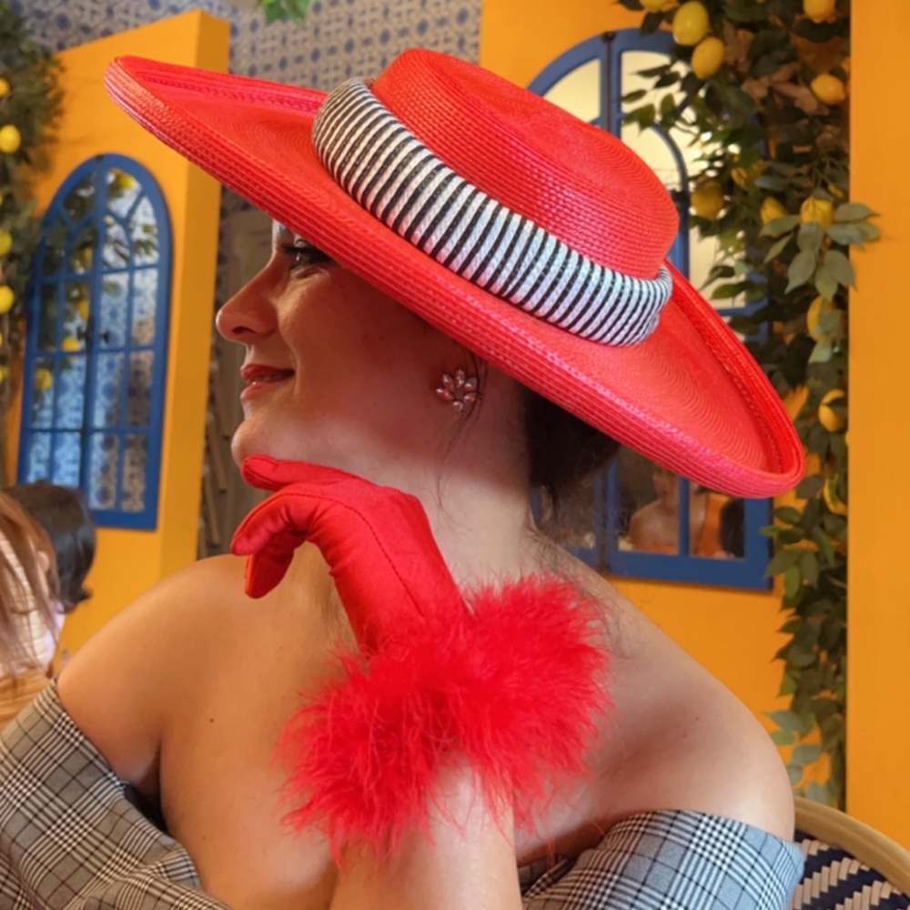 Gorgeous Statement Wide-Brim Dress Hat - Vibrant Red with Striped Band